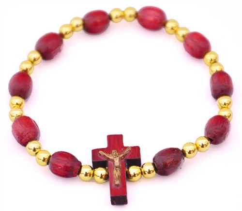 Pulseira em Madeira com Crucifixo - Dourado | SJO Artigos Religiosos