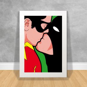 Quadro Decorativo Batman Beijando Robin Vida Secreta dos Super Heróis 29 Branca