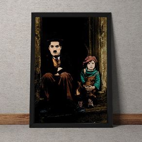 Quadro Decorativo Charles Chaplin e Menino Sentados na Escada 35x25