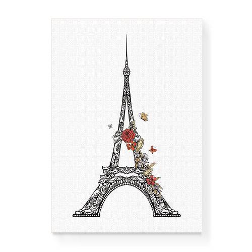 Quadro Decorativo em Tela Canvas Torre Eiffel Flores e Borboletas - 46x32,5cm
