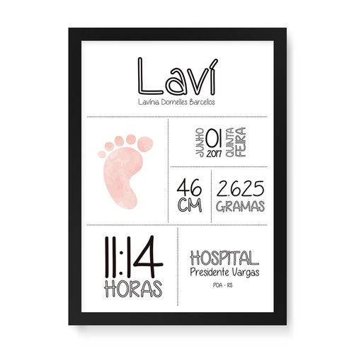 Quadro Decorativo Informações do Bebe Personalizada - 46x32,5cm (moldura em Laca Preta)