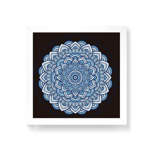 Quadro Decorativo Mandala Azul Central Fundo Preto - 20x20cm (moldura em Laca Branca)