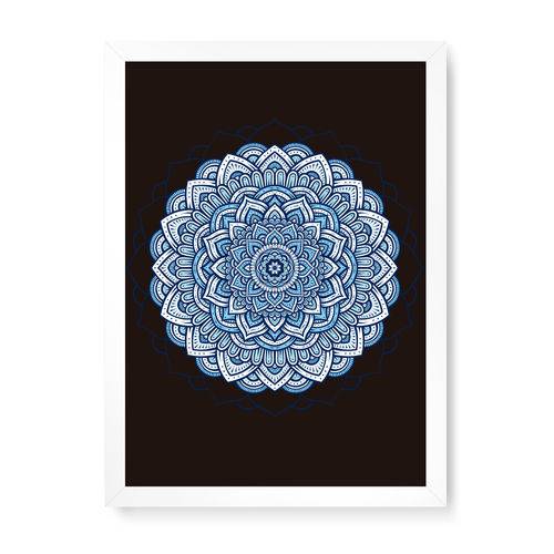 Quadro Decorativo Mandala Azul Central Fundo Preto - 32,5x23cm (moldura em Laca Branca)