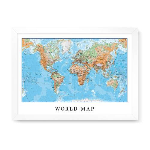Quadro Decorativo Mapa Mundi Info - 46x32,5cm (moldura em Laca Branca)