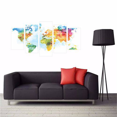 Quadro Decorativo Mapa Mundi Moderno para Casa 5p 1,14x65