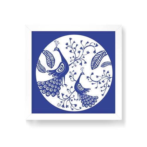 Quadro Decorativo Pavão Plim Azul - 20x20cm (moldura em Laca Branca)