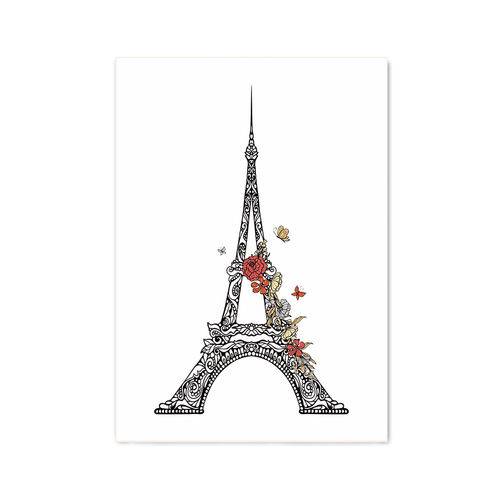 Quadro Decorativo Tipo Placa Torre Eiffel Flores e Borboletas - 46x32,5cm
