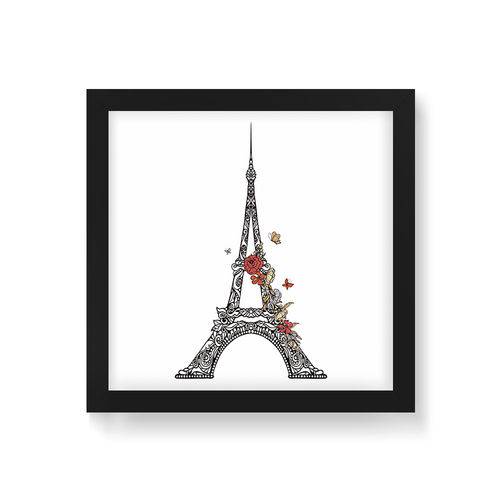 Quadro Decorativo Torre Eiffel Flores e Borboletas - 20x20cm (moldura em Laca Preta)