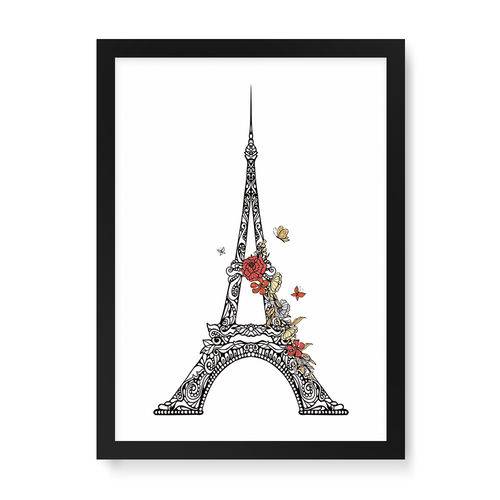 Quadro Decorativo Torre Eiffel Flores e Borboletas - 46x32,5cm (moldura em Laca Preta)