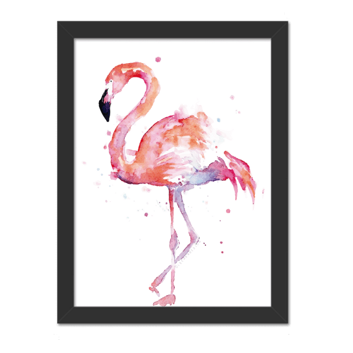 Quadro Flamingo Aquarela Moldura Preta Lisa - 30X20cm-sv