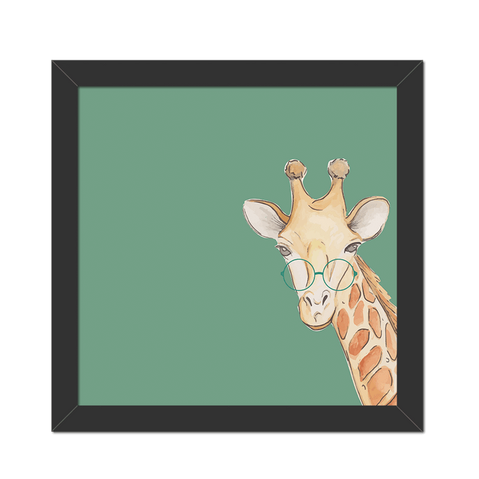 Quadro Girafa Fundo Verde Moldura Preta Lisa - 20X20cm-cv