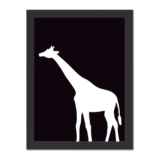 Quadro Girafa Preto e Branco Vertical Moldura Preta Lisa - 30X20cm-sv