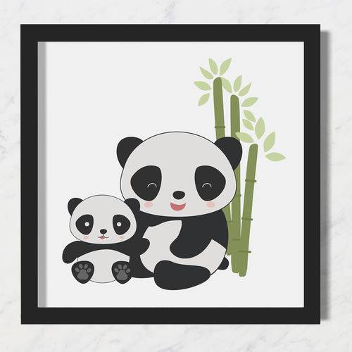 Quadro Infantil Bebê Pandas na Sombrinha da Árvore - 20x20 - Preto