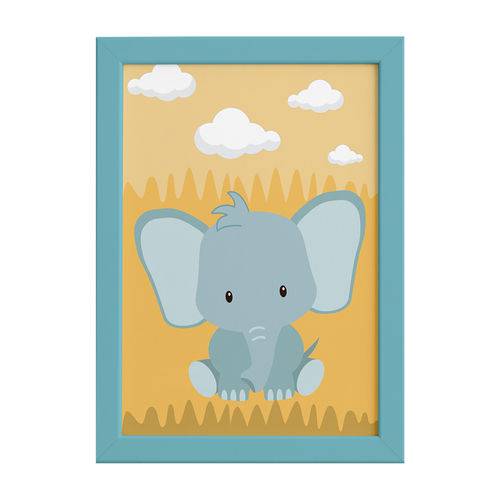 Quadro Infantil Safari Elefante Quarto Moldura Azul 22x32