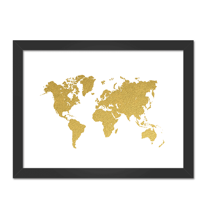 Quadro Mapa Dourado Moldura Preta Lisa 30x20cm-sv