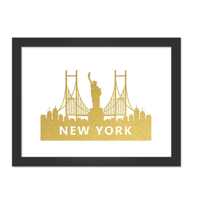 Quadro New York Dourado Moldura Preta Lisa 30x20cm-sv