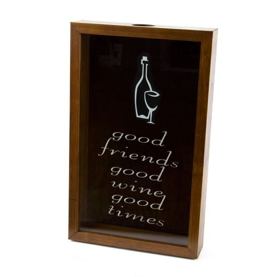 Quadro Porta Rolha de Vinho de Madeira Naturals Good Friends Good Wine 30,5X18X5cm