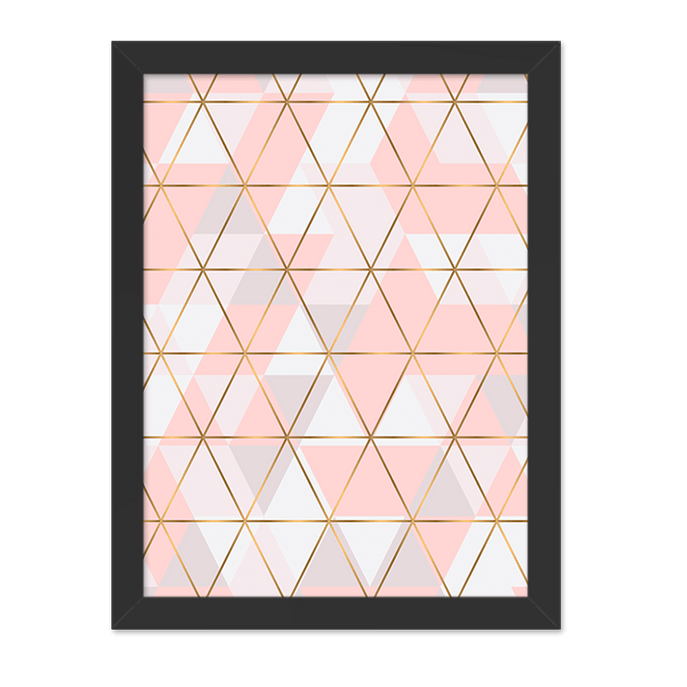 Quadro Triângulos Rosa e Dourado Moldura Preta Lisa - 30X20cm-sv