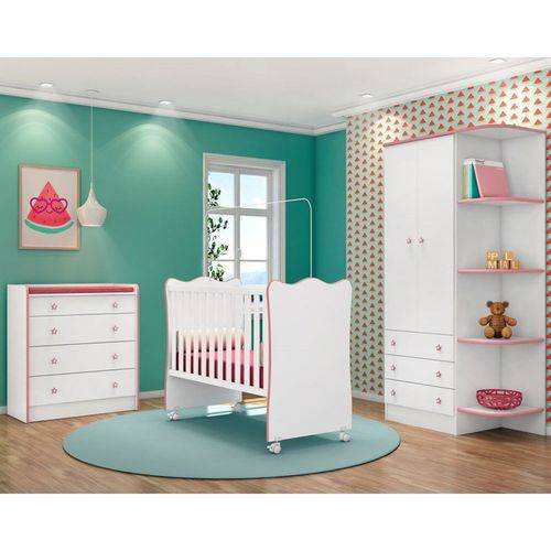 Quarto de Bebê Completo Doce Sonho 2 Portas e Berço Simples Branco/rosa - Qmovi