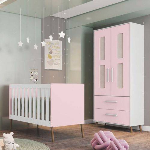 Quarto de Bebê Guarda Roupa 2 Portas e Berço Retrô Bibi Branco/rosa - Móveis Estrela