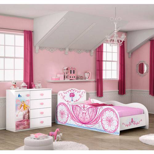 Quarto Infantil Carruagem com Cama e Cômoda Branco/rosa - Móveis Estrela