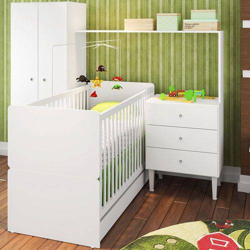 Quarto Infantil Multifuncional Completo Berço com Cama Guarda Roupa 2 Portas Branco - Art In Móveis
