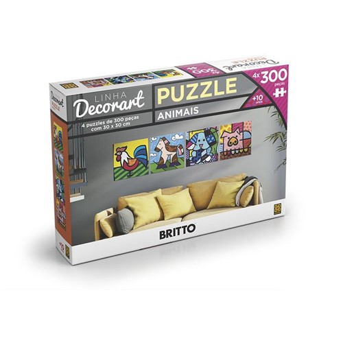 Quebra-Cabeça Decorart - 4 Puzzles de 300 Peças - Animais - Romero Britto - GROW