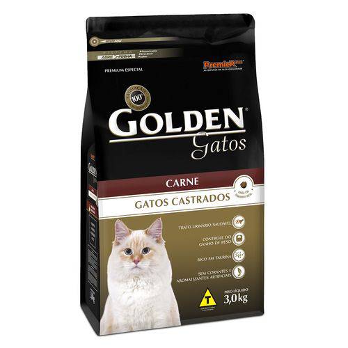 Ração Golden para Gatos Adultos Castrados Sabor Carne 3kg