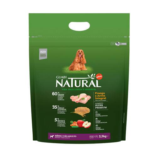 Ração Guabi Natural para Cães Adultos de Raças Médias Sabor Frango & Arroz Integral - 2,5kg