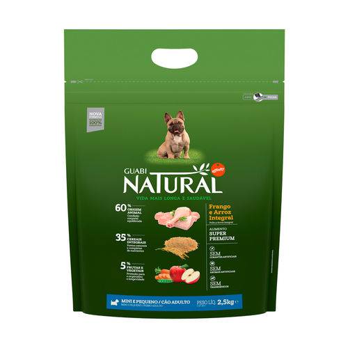 Ração Guabi Natural para Cães Adultos de Raças Pequenas Sabor Frango & Arroz Integral - 2,5kg