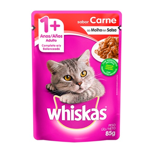 Ração para Gatos Whiskas Adulto 1+ Anos Sachê Sabor Carne ao Molho com 85g