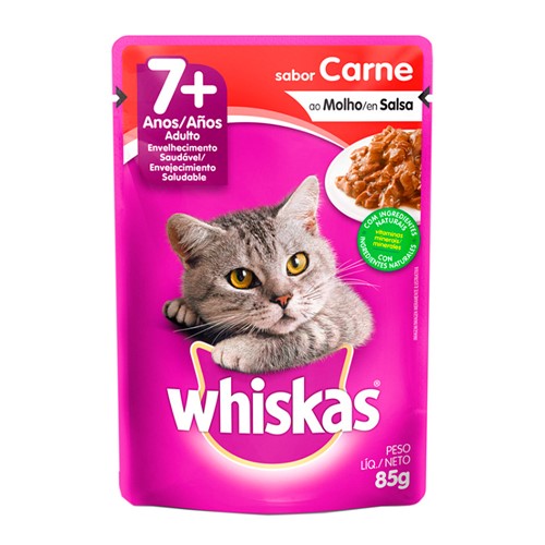 Ração para Gatos Whiskas Adulto 7+ Anos Sachê 85g Sabor Carne ao Molho