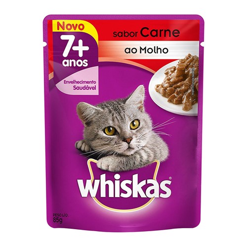 Ração para Gatos Whiskas Adulto 7+ Anos Sachê Sabor Carne ao Molho com 85g