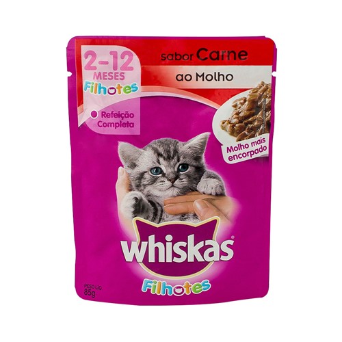 Ração para Gatos Whiskas Filhotes 2-12 Meses Sachê 85g Sabor Carne ao Molho Mais Encorpado