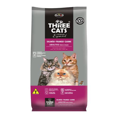 Ração Threecats para Gatos Adultos Especial Sabor Salmão, Frango e Carne - 3kg