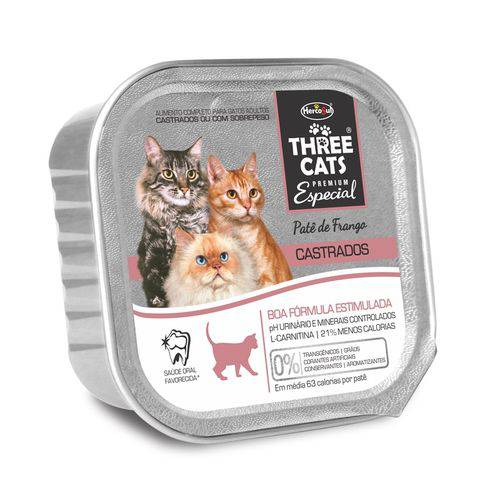 Ração Úmida Three Cats Patê Sabor Frango para Gatos Castrados - 90g