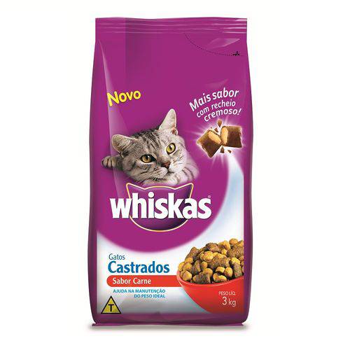 Ração Whiskas para Gatos Adultos Castrados Sabor Carne - 3kg