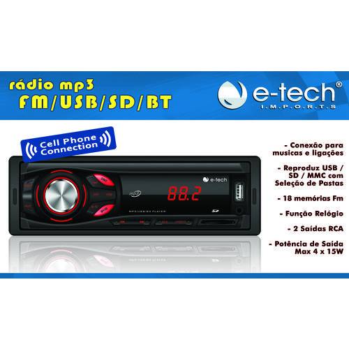 Radio Automotivo Bluetooth Mp3, Cartao de Memória e Entrada Usb + Cabo P2/p2 - e Tech