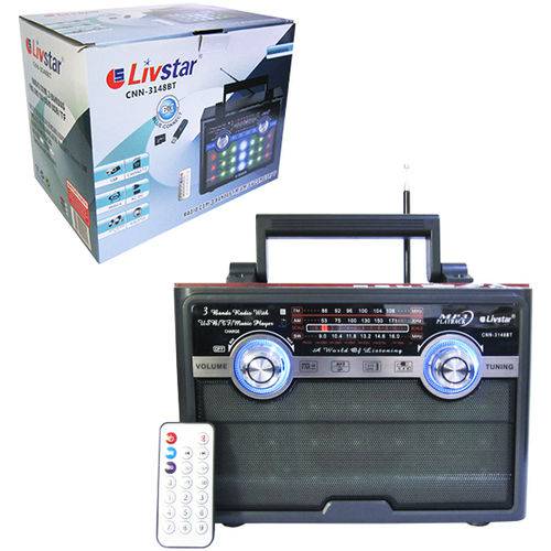 Radio Recarregavel 5w Bivolt com Controle e Luz Bluetooth/USB/fm/am/tf