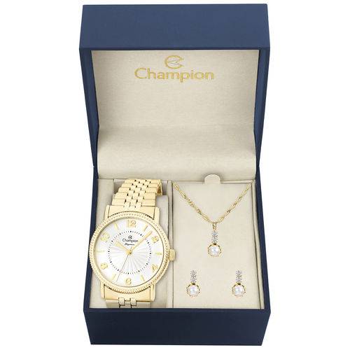 Relógio Champion Elegance Cn25190w + Kit de Brincos e Colar