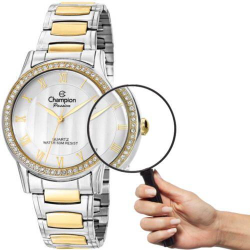Relógio Champion Feminino CN29310S Strass Prateado com Dourado Prova D´água