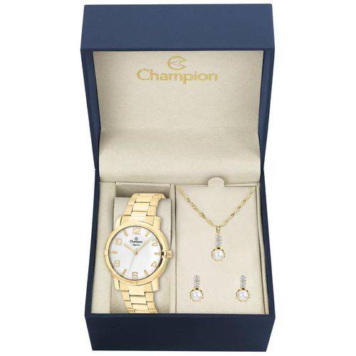 Relógio Champion Feminino Dourado Cn25181w Kit Colar Brincos