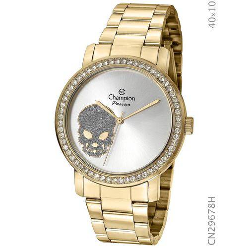 Relógio Champion Feminino Dourado Cristais Caveira Cn29678h