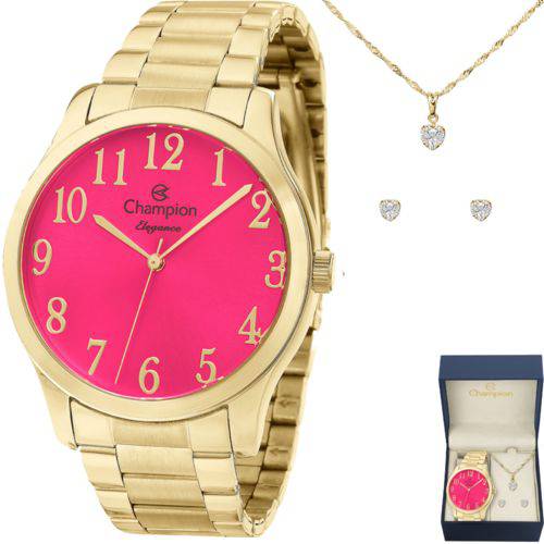 Relógio Champion Feminino Dourado Kit Colar e Brincos