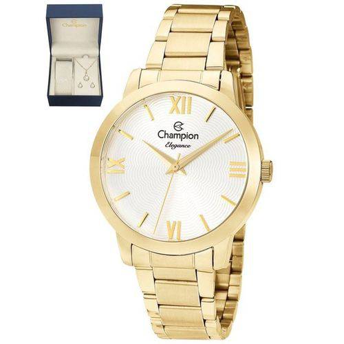 Relógio Champion Feminino Elegance Dourado Cn25403w + Kit Semijoias