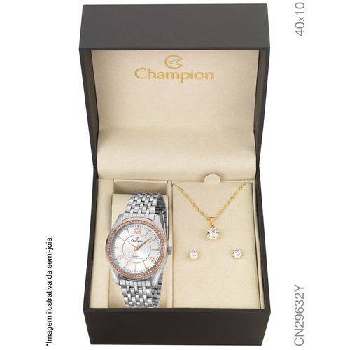 Relógio Champion Feminino Prata e Rose Kit Semijóia Cn29632y
