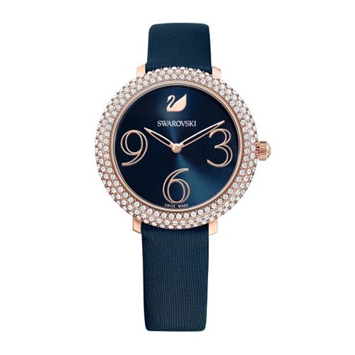 Relógio Crystal Frost, Pulseira de Couro, Azul, PVD em Tom de Ouro Rosa