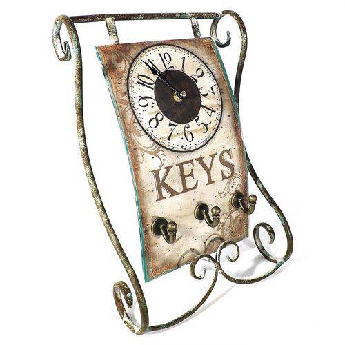 Relógio de Mesa Keys C/ Porta Chaves Oldway - Metal - 38x25 Cm