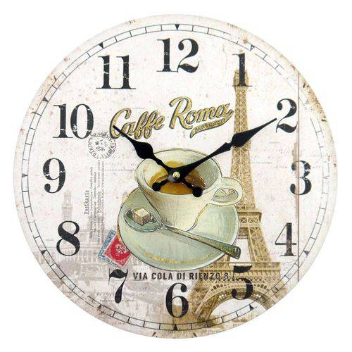 Relógio de Parede Café Roma Torre Eiffel em Mdf - 34x34 Cm