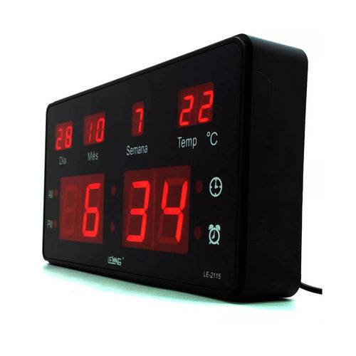 Relógio de Parede Led Digital Le-2114 Lelong Temperatura Calendário Alarme